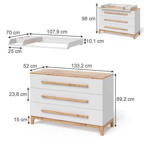 Table à Langer Malia 58355 Blanc/artisan 133.2x98cm Avec 3 Tiroirs