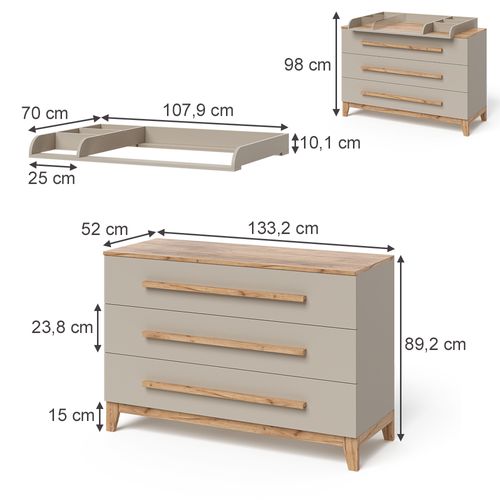 Table à Langer Malia 58357 Chêne Cachemire 133.2x98cm Avec 3 Tiroirs