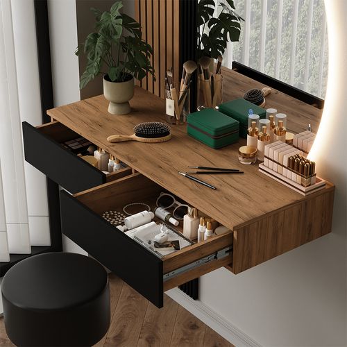 Coiffeuse Melina 58446 Chêne/noir 100cm Avec Miroir LED Et Tabouret