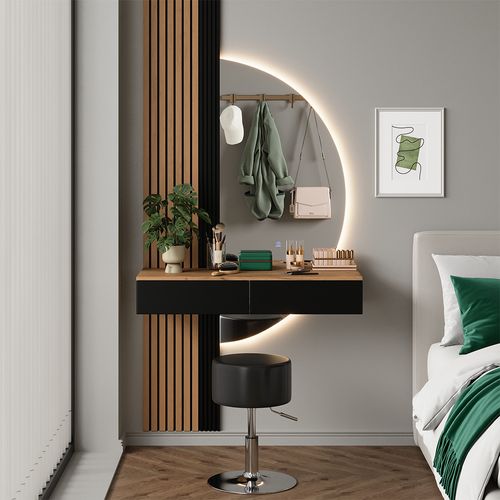 Coiffeuse Melina 58446 Chêne/noir 100cm Avec Miroir LED Et Tabouret