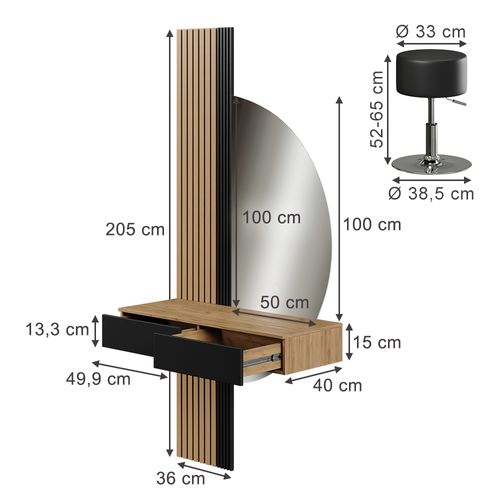 Coiffeuse Melina 58446 Chêne/noir 100cm Avec Miroir LED Et Tabouret