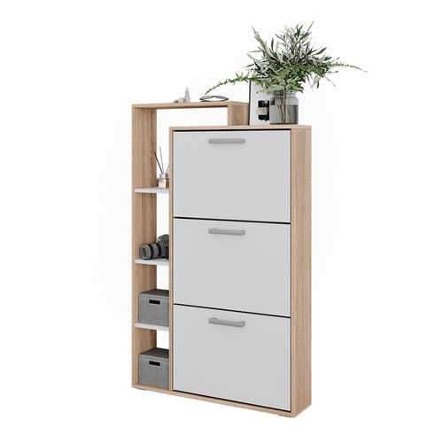 Benne à Chaussures Orlando 58427 Blanc/sonoma 80x128.3cm Avec 3 Compartiments Rabattables