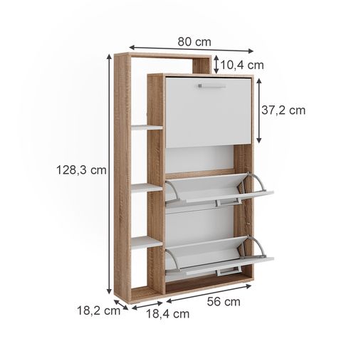 Benne à Chaussures Orlando 58427 Blanc/sonoma 80x128.3cm Avec 3 Compartiments Rabattables