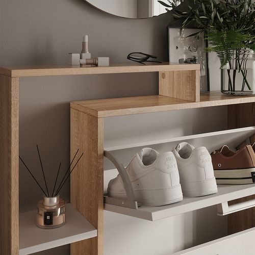 Benne à Chaussures Orlando 58427 Blanc/sonoma 80x128.3cm Avec 3 Compartiments Rabattables