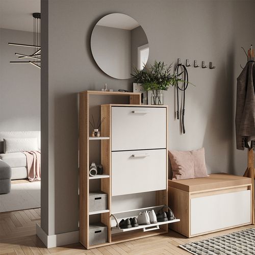 Benne à Chaussures Orlando 58427 Blanc/sonoma 80x128.3cm Avec 3 Compartiments Rabattables