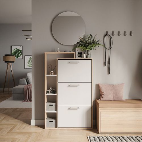 Benne à Chaussures Orlando 58427 Blanc/sonoma 80x128.3cm Avec 3 Compartiments Rabattables