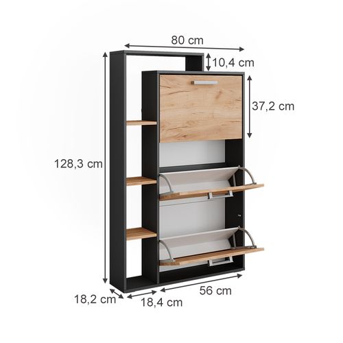 Benne à Chaussures Orlando 58428 Chêne Doré/anthracite 80x128.3cm Avec 3 Compartiments Pliables