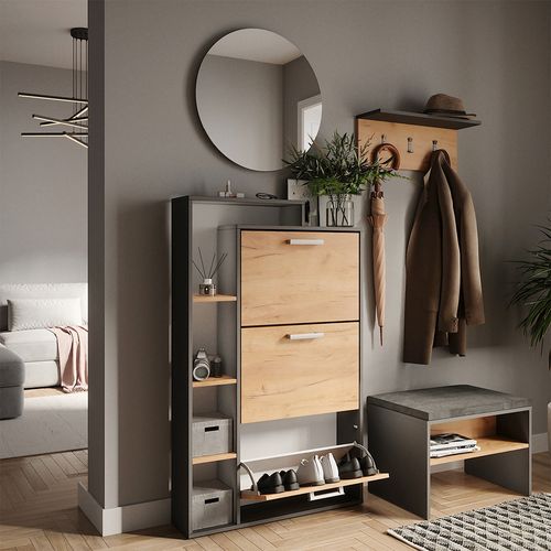 Benne à Chaussures Orlando 58428 Chêne Doré/anthracite 80x128.3cm Avec 3 Compartiments Pliables