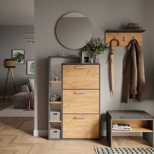 Benne à Chaussures Orlando 58428 Chêne Doré/anthracite 80x128.3cm Avec 3 Compartiments Pliables