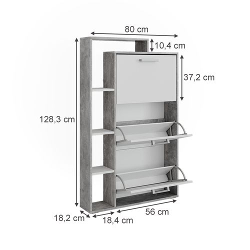 Benne à Chaussures Orlando 58429 Blanc/béton 80x128.3cm Avec 3 Compartiments Rabattables