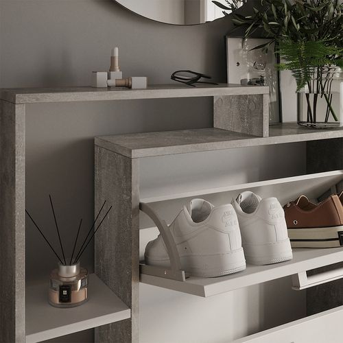 Benne à Chaussures Orlando 58429 Blanc/béton 80x128.3cm Avec 3 Compartiments Rabattables
