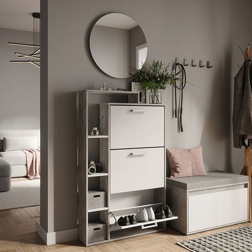 Benne à Chaussures Orlando 58429 Blanc/béton 80x128.3cm Avec 3 Compartiments Rabattables