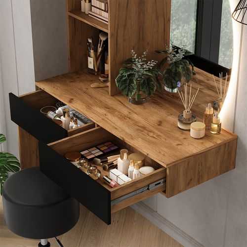 Coiffeuse Melora 58452 Chêne/noir 100cm Avec Miroir LED Et Tabouret