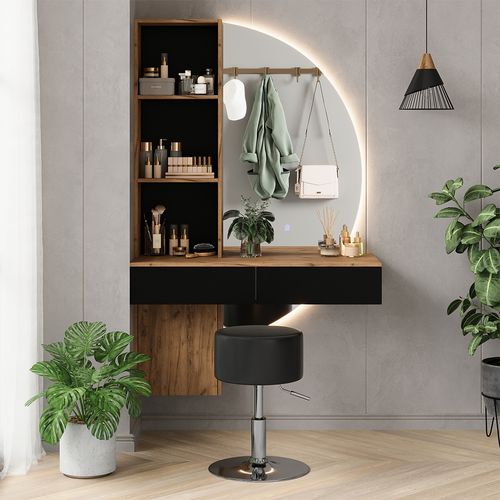 Coiffeuse Melora 58452 Chêne/noir 100cm Avec Miroir LED Et Tabouret