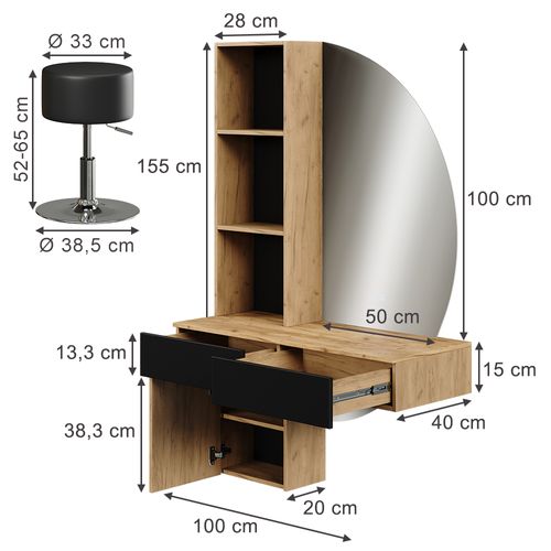 Coiffeuse Melora 58452 Chêne/noir 100cm Avec Miroir LED Et Tabouret