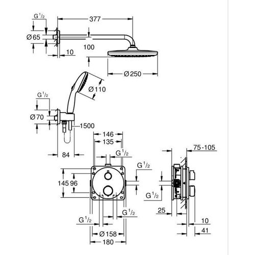 Ensemble De Douche Encastré - 1 + 2 Jets - Mitigeur Thermostatique - 348832430 - Noir