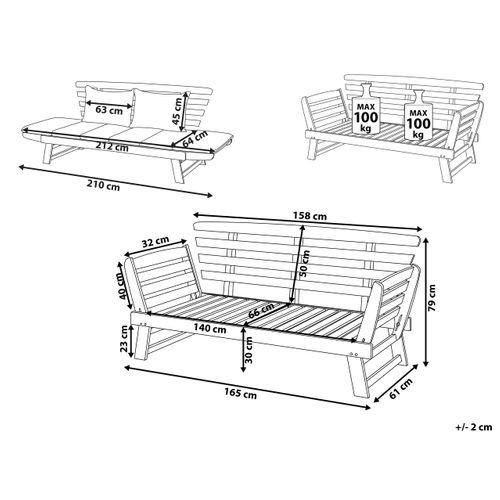 Banc Avec Coussin D'assise Portici 210 Cm Bois D'eucalyptus Marron Clair/blanc