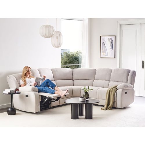 Canapé D'angle Relax Manuel 5 Places Rokke Tissu Beige Clair Avec Port USB Côté Gauche