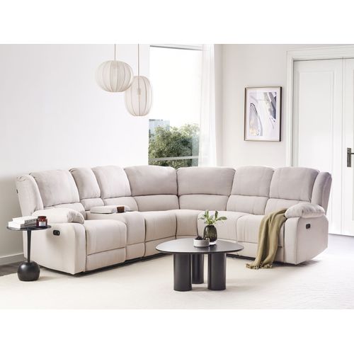 Canapé D'angle Relax Manuel 5 Places Rokke Tissu Beige Clair Avec Port USB Côté Gauche