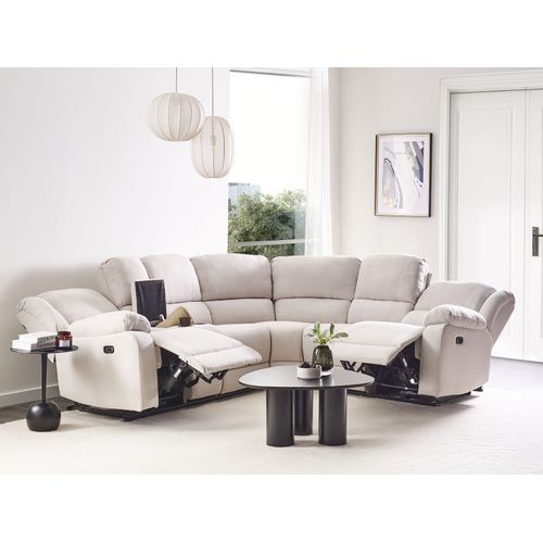 Canapé D'angle Relax Manuel 5 Places Rokke Tissu Beige Clair Avec Port USB Côté Gauche