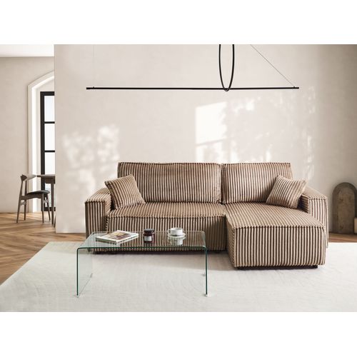 Canapé-lit D'angle 3 Places Abacka Velours Côtelé Marron Clair Avec Rangement Côté Gauche
