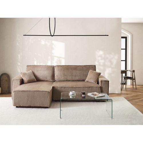 Canapé-lit D'angle 3 Places Abacka Velours Côtelé Marron Clair Avec Rangement Côté Droit