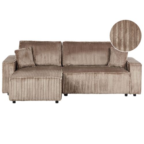 Canapé-lit D'angle 3 Places Abacka Velours Côtelé Marron Clair Avec Rangement Côté Droit