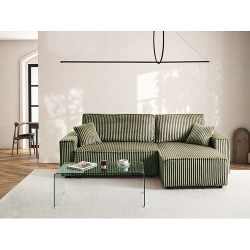 Canapé-lit D'angle 3 Places Abacka Velours Côtelé Vert Avec Rangement Côté Gauche