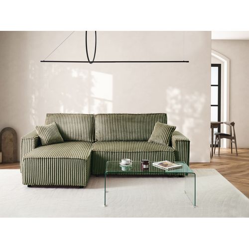 Canapé-lit D'angle 3 Places Abacka Velours Côtelé Vert Avec Rangement Côté Droit