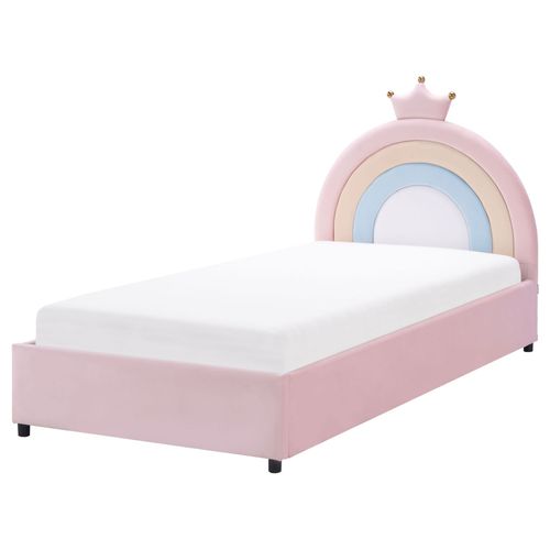Lit Ottoman Enfant Couronne Velours Grisetot 90 X 200 Cm Avec Rangement Rose