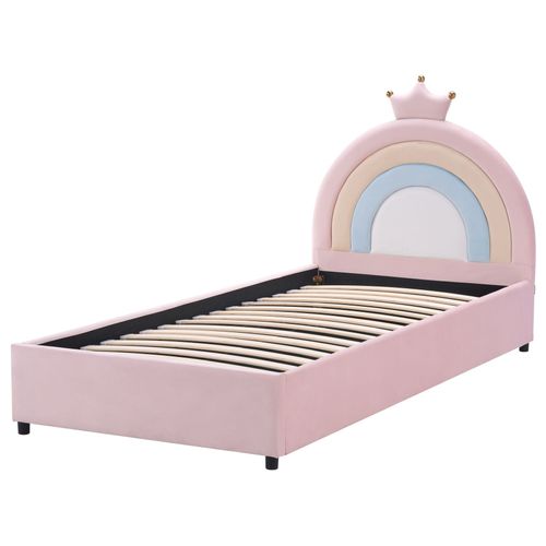 Lit Ottoman Enfant Couronne Velours Grisetot 90 X 200 Cm Avec Rangement Rose