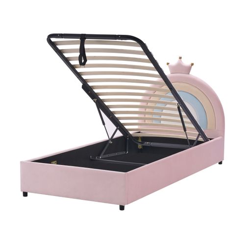 Lit Ottoman Enfant Couronne Velours Grisetot 90 X 200 Cm Avec Rangement Rose