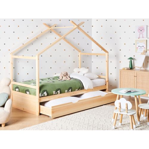 Lit D'enfant Maison Bois De Pin Orgeval  90 X 200 Cm Avec Rangement Marron Clair