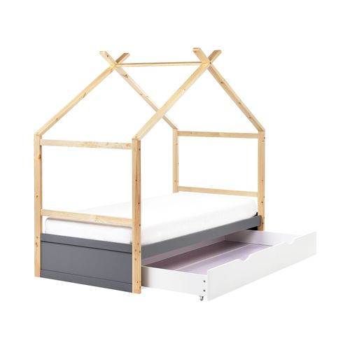 Lit D'enfant Maison Bois De Pin Orgeval 90 X 200 Cm Avec Rangement Gris