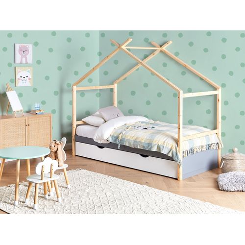 Lit D'enfant Maison Bois De Pin Orgeval 90 X 200 Cm Avec Rangement Gris