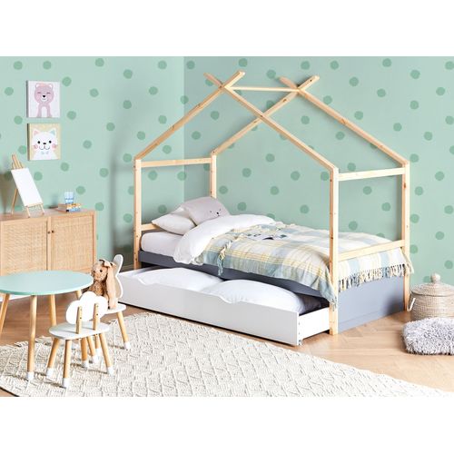 Lit D'enfant Maison Bois De Pin Orgeval 90 X 200 Cm Avec Rangement Gris