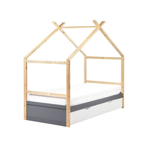 Lit D'enfant Maison Bois De Pin Orgeval 90 X 200 Cm Avec Rangement Gris