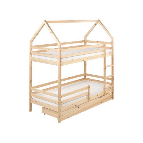 Lit Superposé Maison Bois De Pin Girgols 90 X 200 Cm Avec Rangement Marron Clair