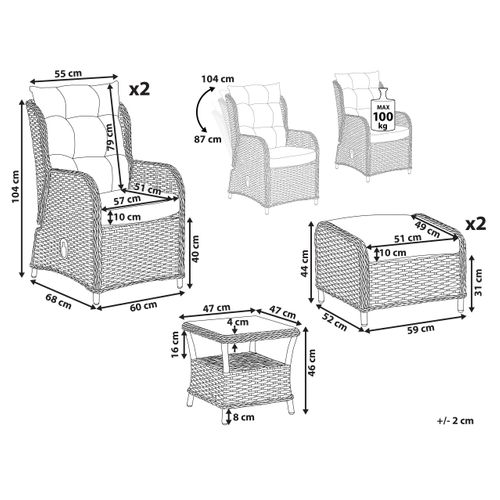 Ensemble De Salon De Jardin Avec Table Et Ottoman 2 Places Ponza Marron