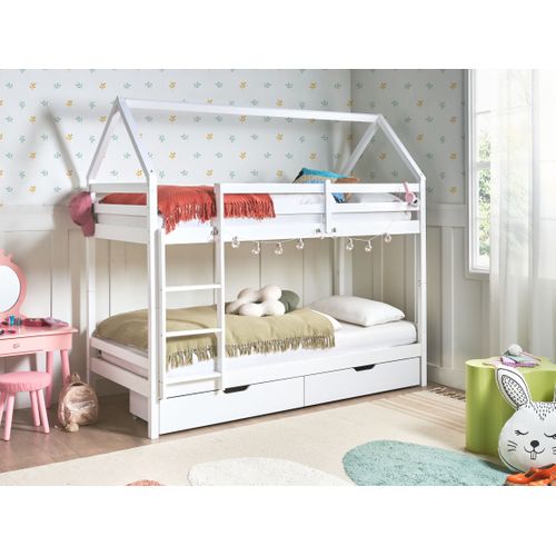 Lit Superposé Maison Bois De Pin Ternas 90 X 200 Cm Avec Rangement Blanc