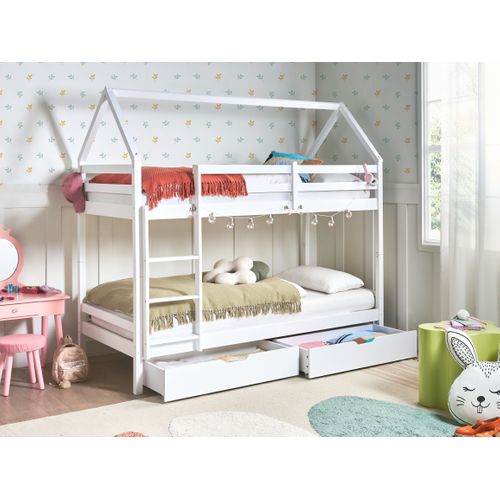 Lit Superposé Maison Bois De Pin Ternas 90 X 200 Cm Avec Rangement Blanc