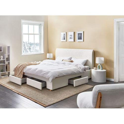 Lit Avec Tiroirs De Rangement Bouclé Soutrin 180 X 200 Cm Blanc Cassé