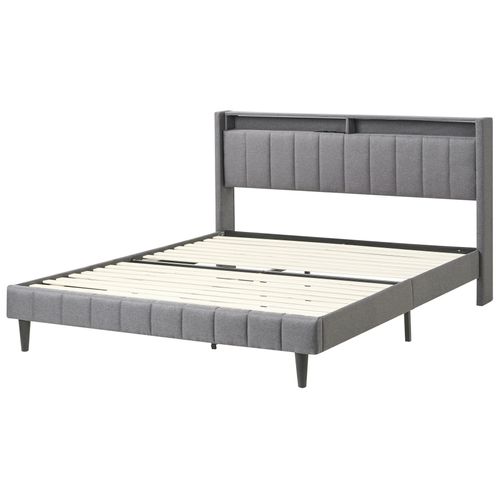 Lit Avec LED Tissu Beaulieu 160 X 200 Cm Avec Rangement Avec Port USB Gris Foncé