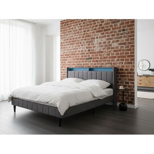 Lit Avec LED Tissu Beaulieu 160 X 200 Cm Avec Rangement Avec Port USB Gris Foncé