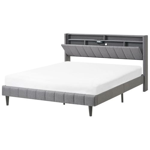 Lit Avec LED Tissu Beaulieu 160 X 200 Cm Avec Rangement Avec Port USB Gris Foncé