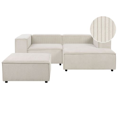 Canapé D'angle Modulable 3 Places Ardal Velours Côtelé Blanc Cassé Avec Ottoman Côté Gauche