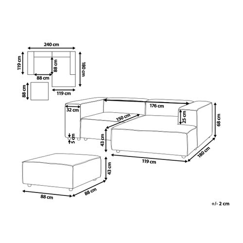 Canapé D'angle Modulable 3 Places Ardal Velours Côtelé Blanc Cassé Avec Ottoman Côté Gauche