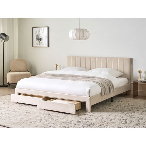 Lit Avec Tiroirs De Rangement Velours Lonzac 180 X 200 Cm Beige