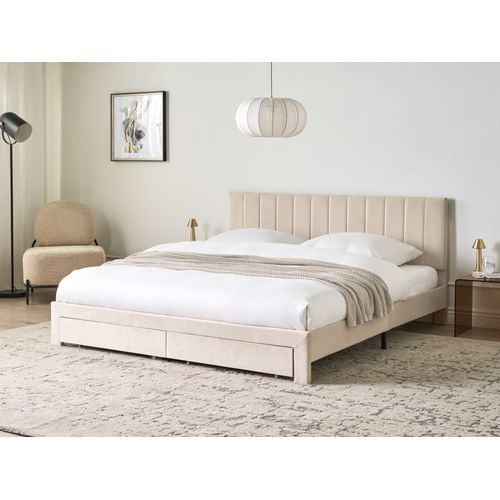 Lit Avec Tiroirs De Rangement Velours Lonzac 180 X 200 Cm Beige