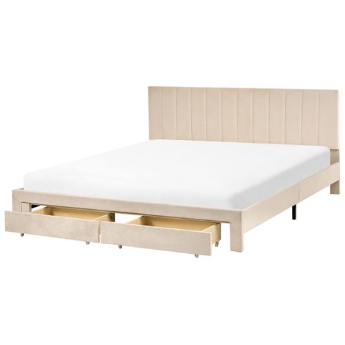 Lit Avec Tiroirs De Rangement Velours Lonzac 180 X 200 Cm Beige